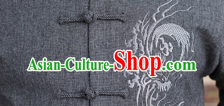 Chinese Embroidered Dragon Outer Garment Traditional Grey Woolen Jacket