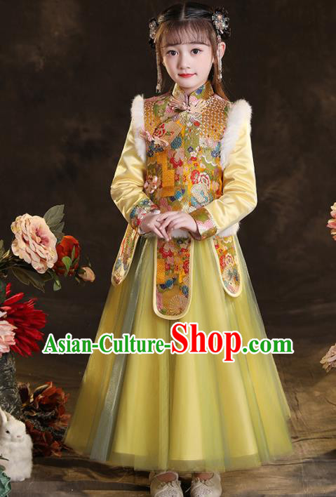 Chinese Children New Year Clothing Classical Dance Yellow Dress Winter Garment Costumes Ancient Princess Attire