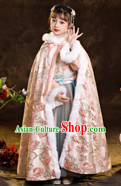 Chinese Ancient Princess Pink Long Cape Children New Year Clothing Classical Dance Costume Winter Embroidered Mantle