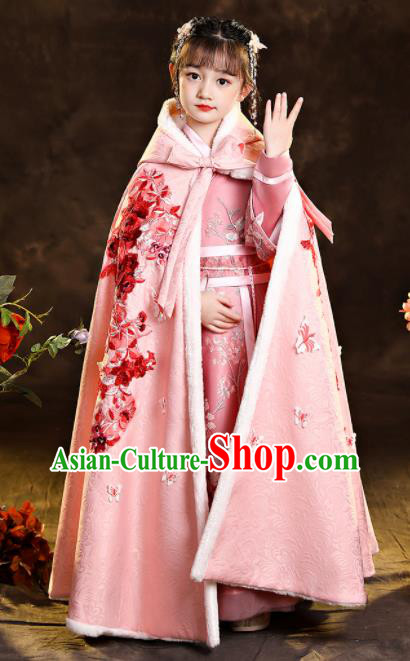 Chinese Winter Embroidered Woolen Mantle Ancient Princess Pink Long Cape Children New Year Clothing Classical Dance Costume