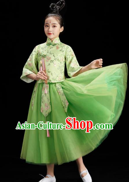 Chinese Children Group Dance Clothing Umbrella Dance Costume Stage Performance Green Dress Outfit Fan Dance Garment