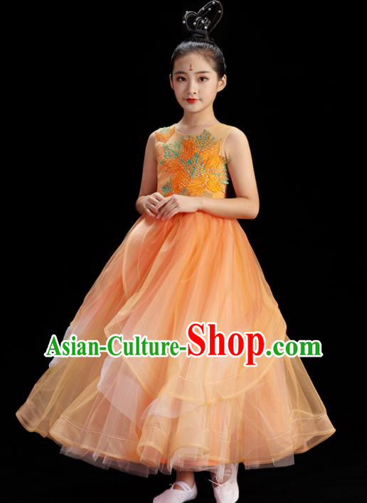 Chinese Classical Dance Costume Stage Performance Garment Beauty Dance Orange Dress Children Group Dance Clothing