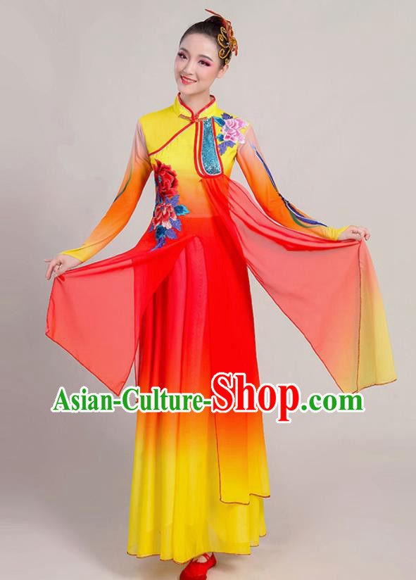 China Fan Dance Garment Costume Classical Dance Yellow Dress Stage Performance Chiffon Clothing Umbrella Dance Attires