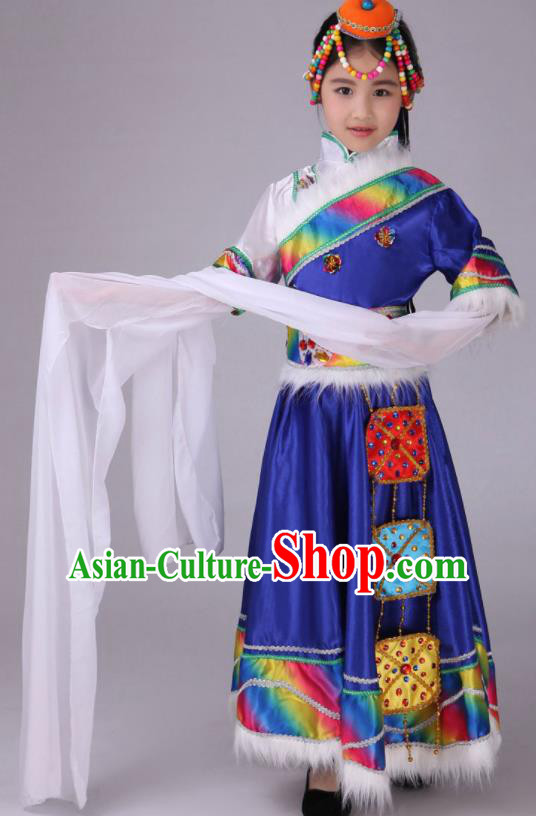 Chinese Zang Nationality Children Water Sleeve Outfits Ethnic Festival Costumes Tibetan Minority Folk Dance Royal Blue Dress Clothing