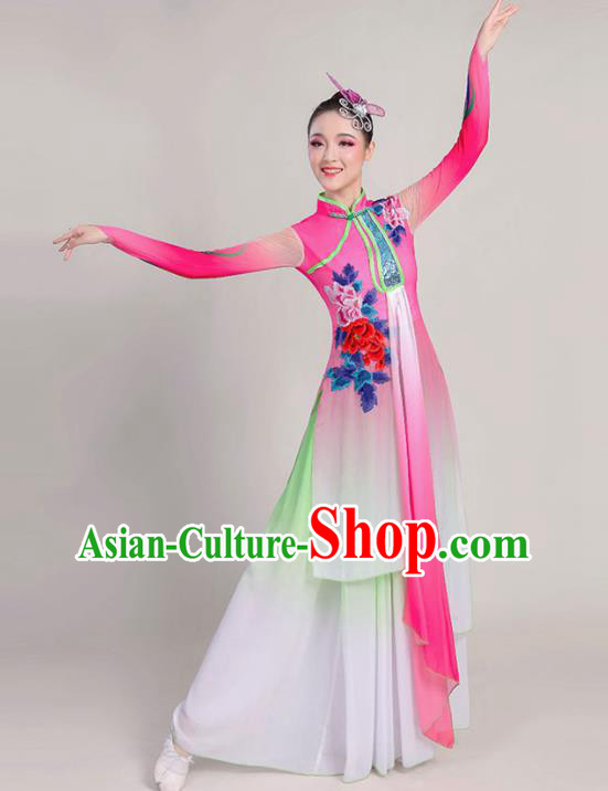 China Umbrella Dance Attires Fan Dance Garment Costume Classical Dance Dress Stage Performance Megenta Chiffon Clothing
