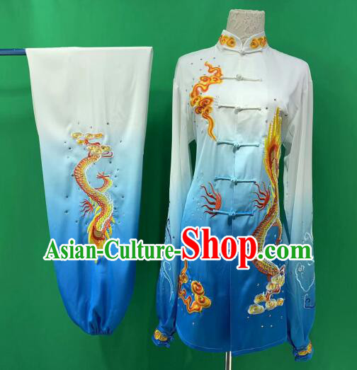 Chinese Traditional Tai Chi Competition Clothing Embroidered Dragon Gradient Blue Outfit Martial Arts Uniforms Kung Fu Costumes