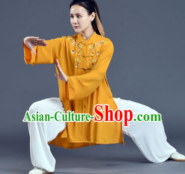 Chinese Tai Chi Training Clothing Tai Ji Chuan Competition Outfits Traditional Kung Fu Embroidered Ginger Shirt and White Pants