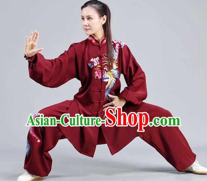 Chinese Tai Ji Chuan Training Maroon Outfits Traditional Embroidered Phoenix Shirt and Pants Tai Chi Kung Fu Clothing