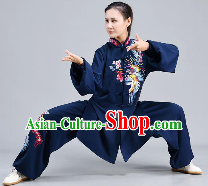 Chinese Tai Chi Kung Fu Clothing Tai Ji Chuan Training Midnight Blue Outfits Traditional Embroidered Phoenix Shirt and Pants