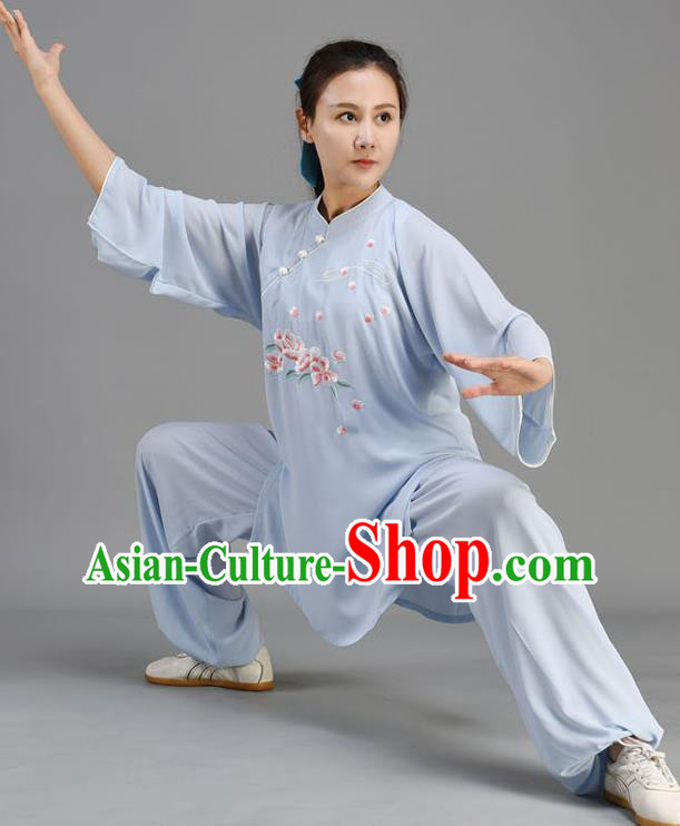 Chinese Traditional Kung Fu Two Pieces Set Embroidered Light Blue Uniform Tai Chi Performance Clothing Tai Ji Chuan Outfit