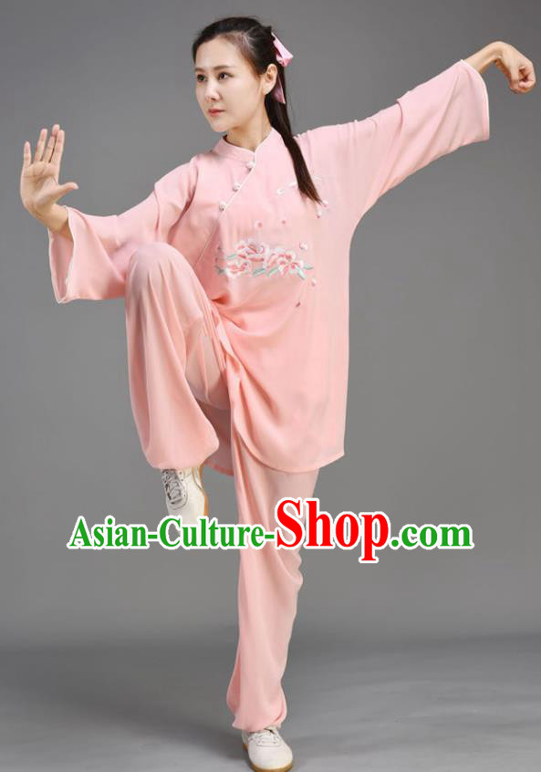 Chinese Tai Ji Chuan Outfit Traditional Kung Fu Two Pieces Set Embroidered Pink Uniform Tai Chi Performance Clothing