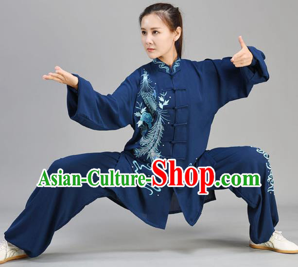 Chinese Tai Chi Performance Clothing Tai Ji Chuan Outfit Traditional Kung Fu Two Pieces Set Embroidered Midnight Blue Uniform