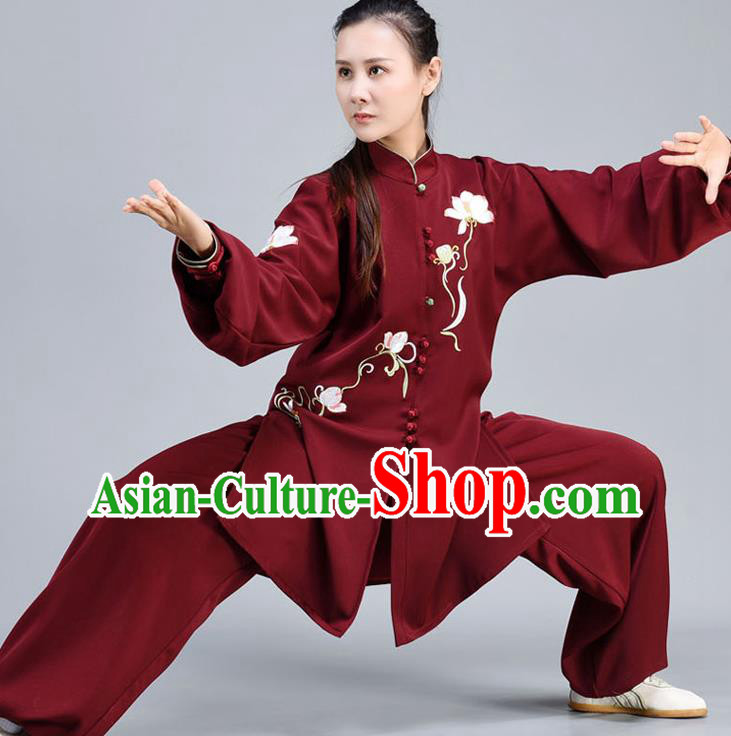 Chinese Tai Ji Chuan Competition Outfits Traditional Kung Fu Embroidered Lotus Shirt and Pants Tai Chi Training Maroon Clothing