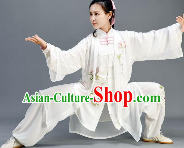 Chinese Traditional Kung Fu Garments Embroidered Lotus Uniform Tai Chi Competition Clothing Tai Ji Performance White Outfits