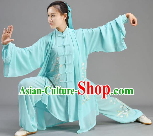 Chinese Embroidered Orchids Blue Uniform Tai Chi Performance Clothing Tai Ji Chuan Outfits Traditional Kung Fu Three Pieces Set