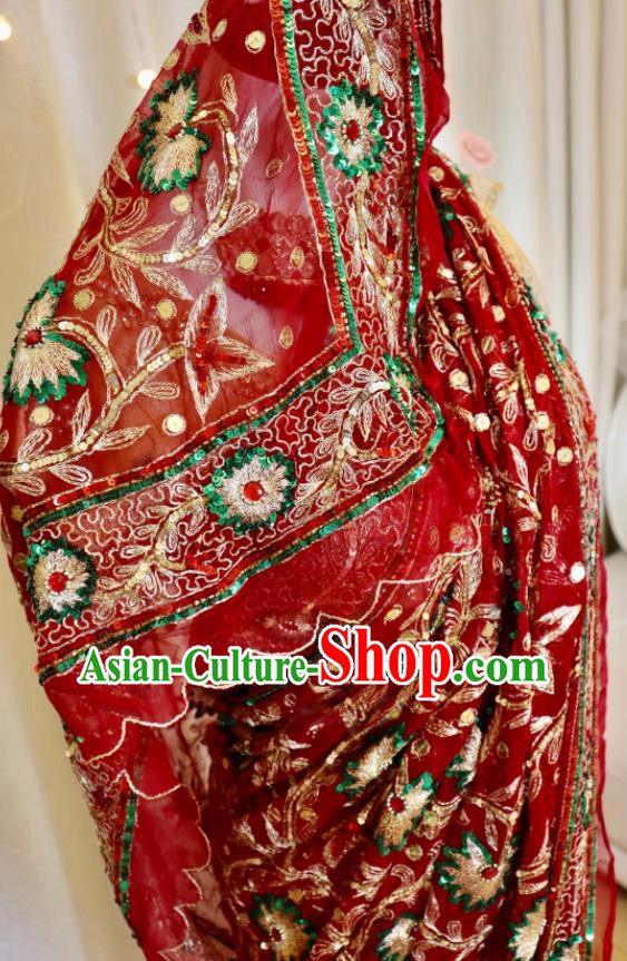 Indian Bride Embroidered Clothing Traditional Garment Costumes India Sari Red Wedding Dress
