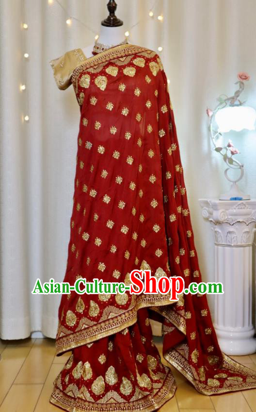 Indian Red Wedding Dress Bride Embroidered Clothing Traditional Garment Costumes India Sari