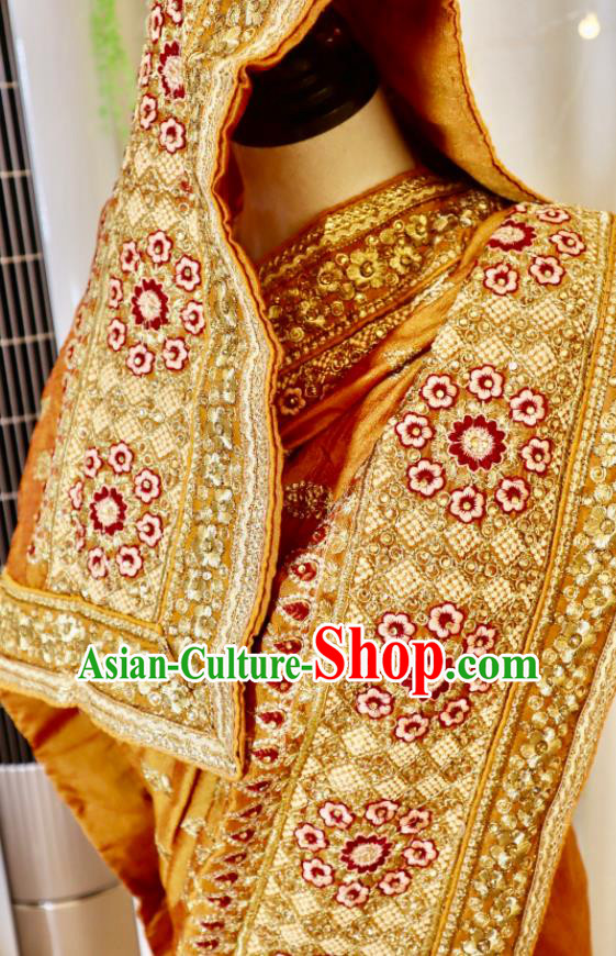 India Ginger Sari Asian Traditional Garment Costumes Indian Wedding Dress Bride Embroidered Clothing