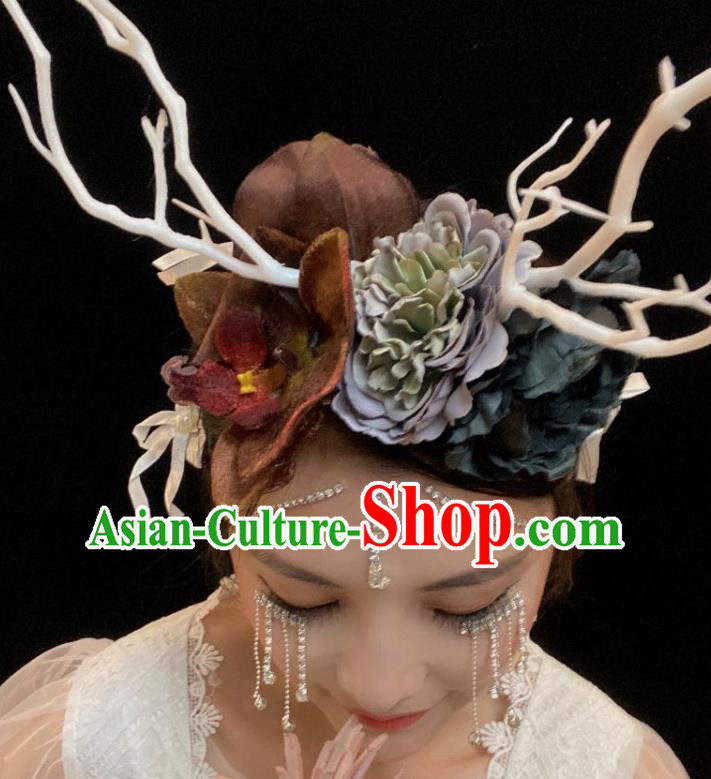Handmade Branch Royal Crown Top Baroque Silk Flowers Headdress Party Headwear