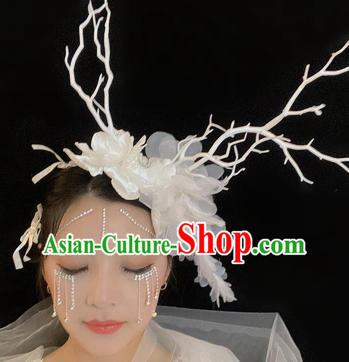 Handmade Party White Flowers Headwear Branch Royal Crown Top Baroque Headdress