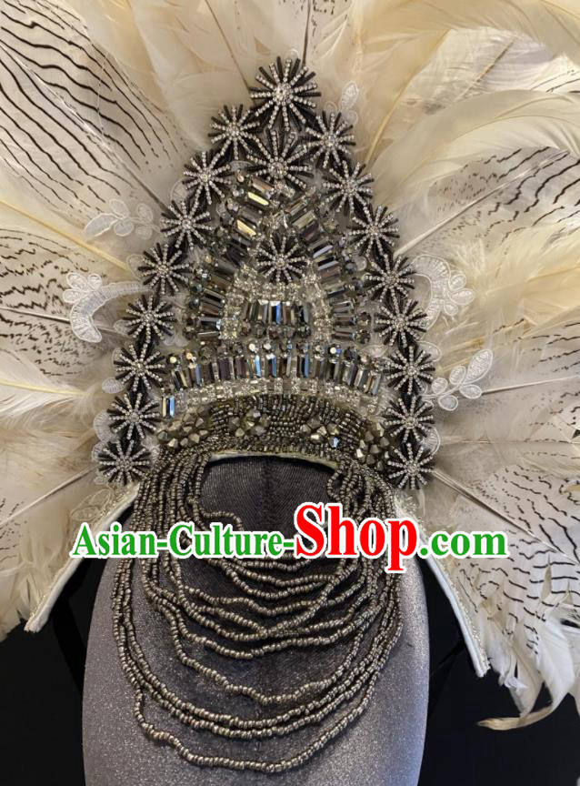 Handmade White Feathers Headdress Top Party Queen Royal Crown Headwear Baroque Style Top Hat