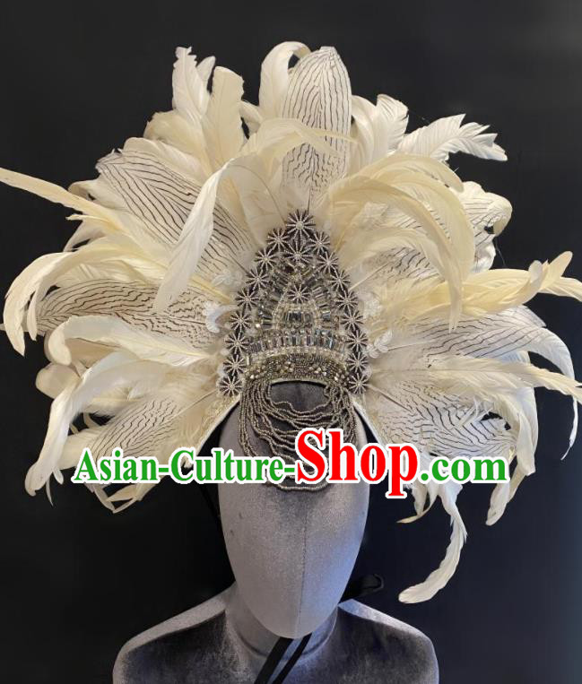 Handmade White Feathers Headdress Top Party Queen Royal Crown Headwear Baroque Style Top Hat