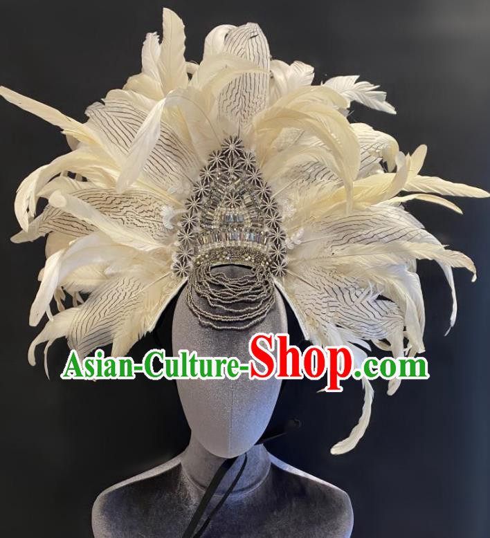 Handmade White Feathers Headdress Top Party Queen Royal Crown Headwear Baroque Style Top Hat
