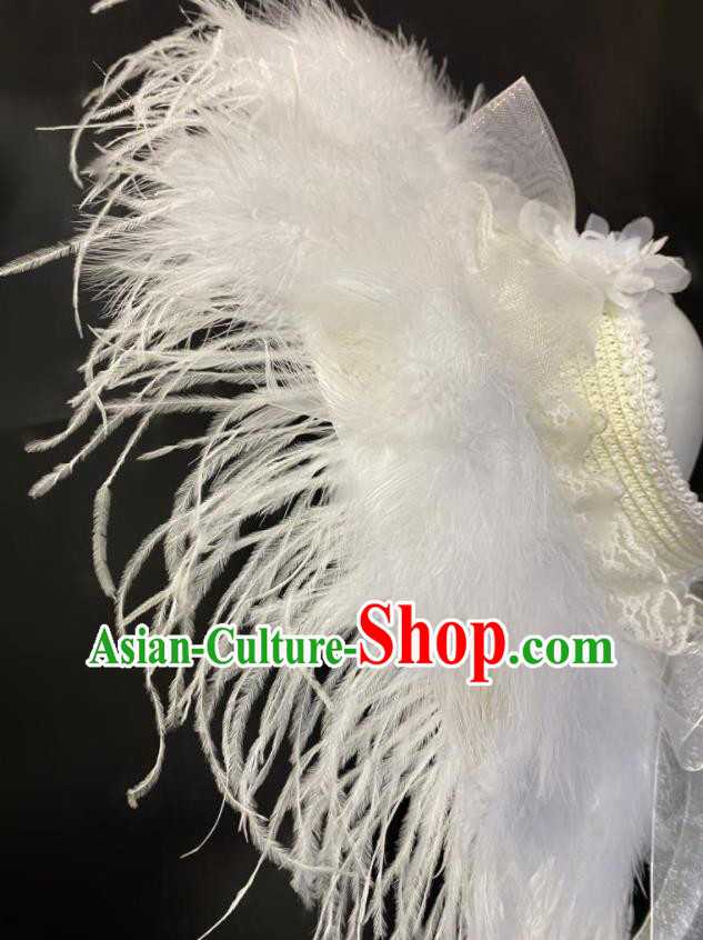 Handmade White Feather Top Hat Court Woman Headwear Catwalks Performance Headdress