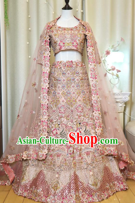 Indian Traditional Garment Costumes Wedding Dress Top Embroidered Pink Lengha Outfit India Bride Clothing