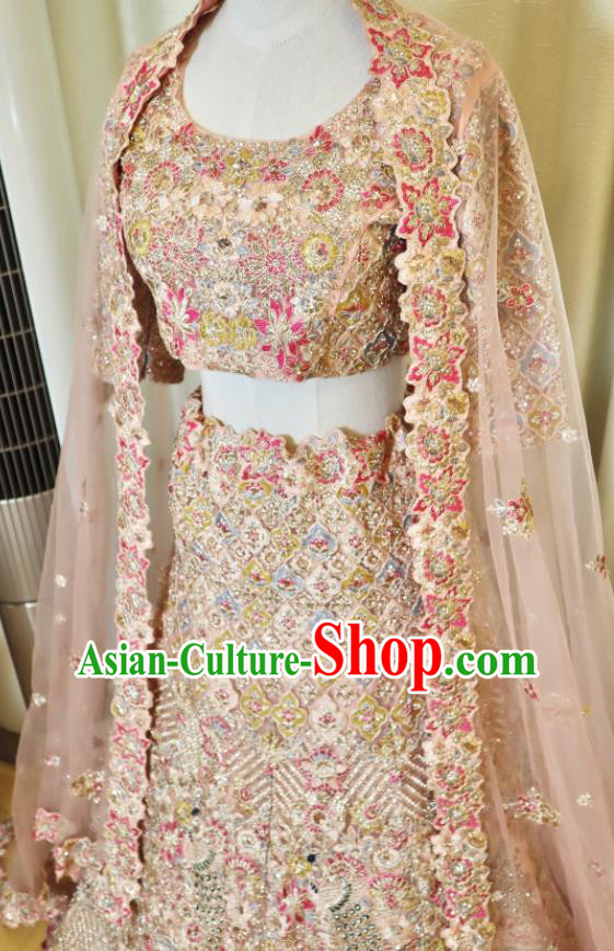 Indian Traditional Garment Costumes Wedding Dress Top Embroidered Pink Lengha Outfit India Bride Clothing