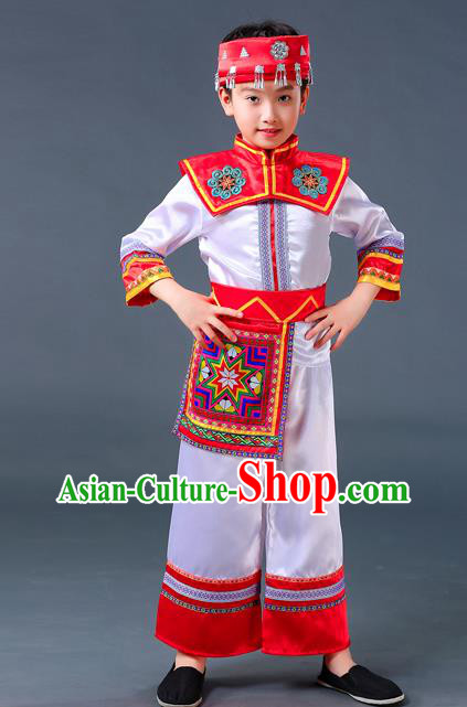 Chinese Ethnic Festival Costumes Guangxi Minority Folk Dance Clothing Zhuang Nationality Children White Outfits