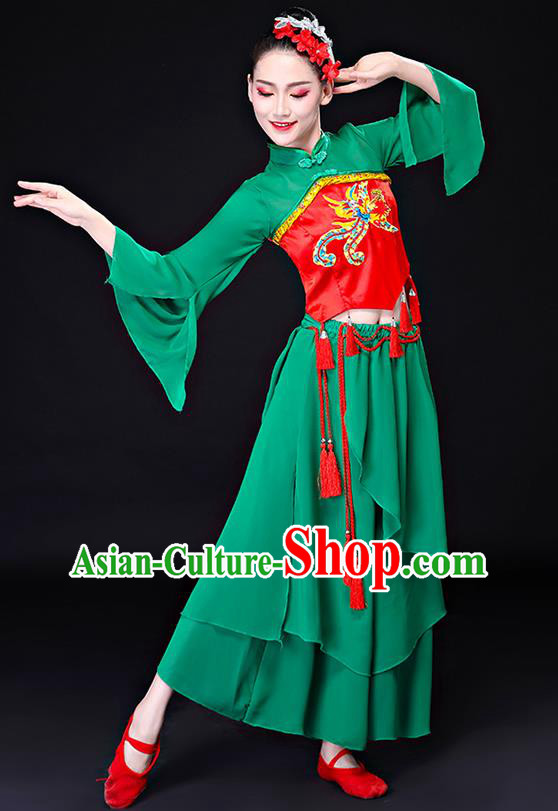 China Umbrella Dance Garment Costume Folk Dance Dress Stage Performance Clothing Fan Dance Green Uniform
