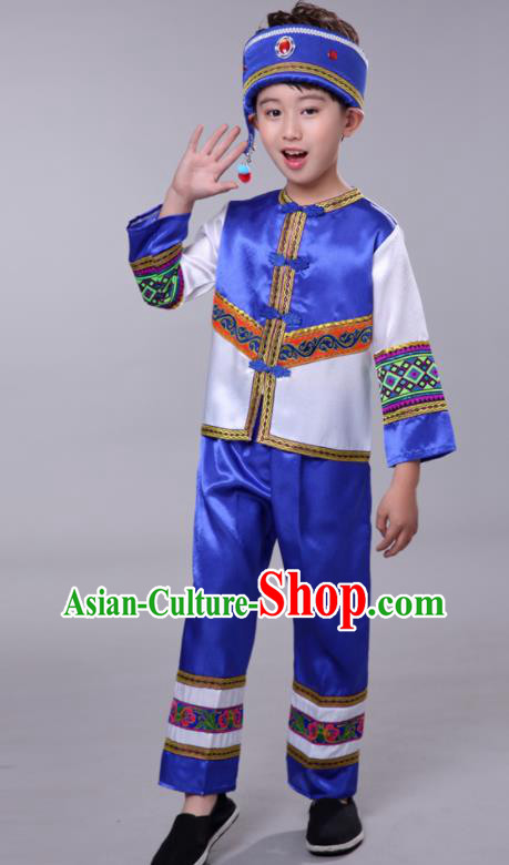 Chinese Tujia Minority Folk Dance Clothing Yi Nationality Boy Royal Blue Outfits Ethnic Festival Costumes