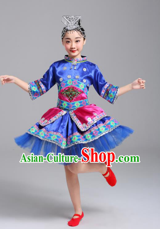 Chinese Zhuang Ethnic Festival Costumes Yi Minority Folk Dance Clothing Guangxi Nationality Girl Royal Blue Dress Outfits