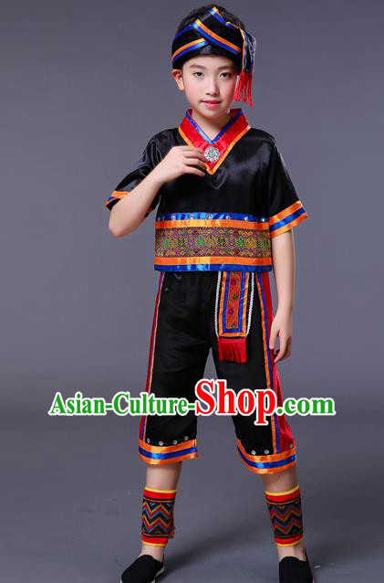 Chinese Yi Minority Folk Dance Clothing Yao Nationality Children Black Outfits Ethnic Festival Costumes