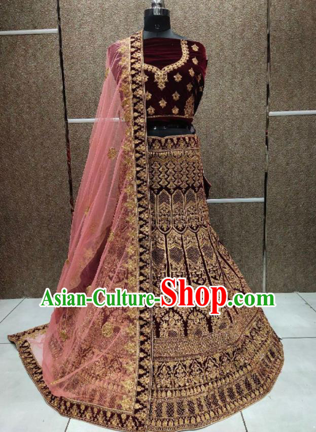 Top Indian Embroidered Maroon Velvet Dress Outfit India Wedding Clothing Traditional Bride Lengha Garment