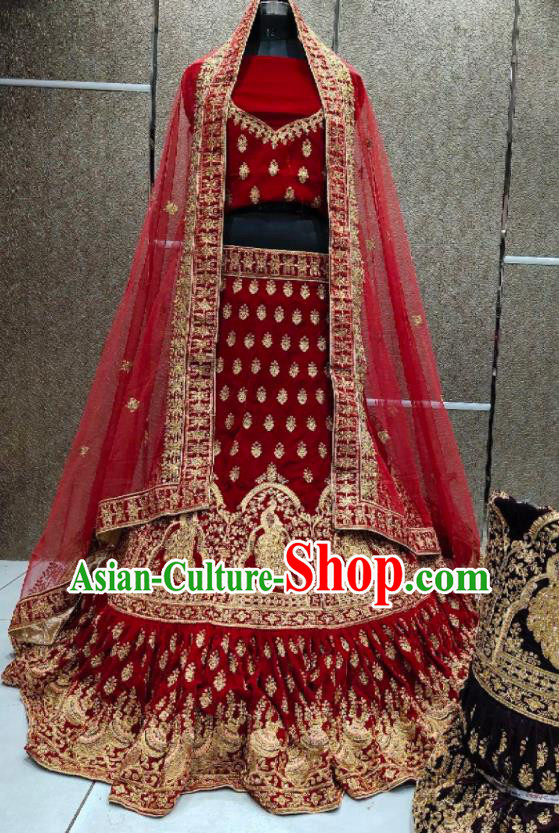 Top India Wedding Clothing Indian Traditional Bride Lengha Garment Embroidered Red Velvet Dress Outfit