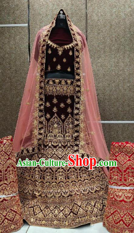 Top India Embroidered Dark Red Velvet Dress Outfit Wedding Clothing Indian Traditional Bride Lengha Garment