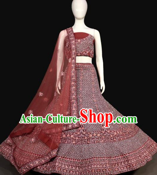 Top India Wedding Clothing Bride Lengha Garment Indian Traditional Embroidered Brick Red Dress Outfit