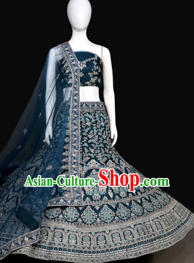 Top Indian Traditional Garment Dark Blue Wedding Dress Embroidered Skirt Outfit India Lengha Clothing