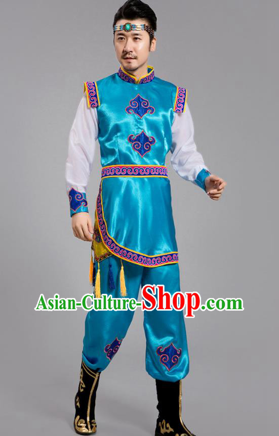 Chinese Mongol Nationality Men Blue Outfits Ethnic Folk Dance Costumes Mongolian Minority Festival Clothing