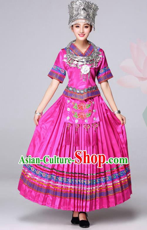 Chinese Miao Minority Festival Clothing Tujia Nationality Megenta Dress Outfits Ethnic Folk Dance Costumes