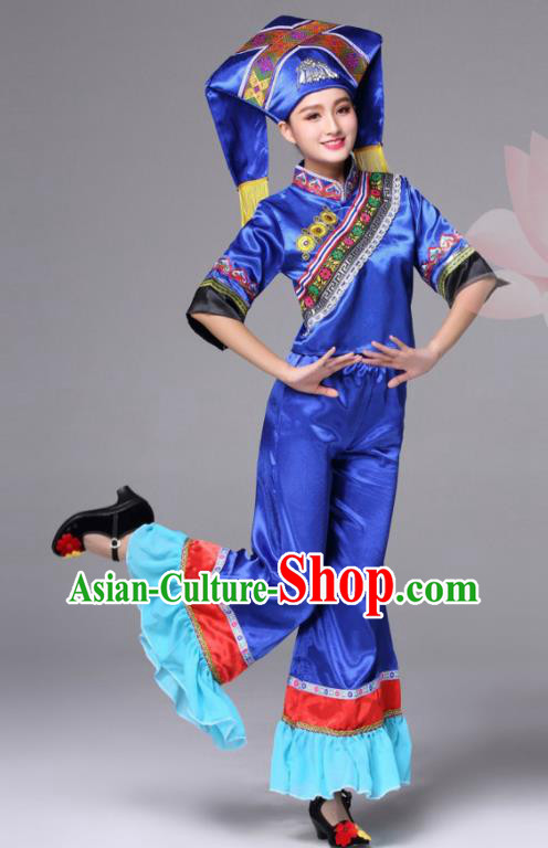 Chinese Ethnic Folk Dance Costumes Guangxi Minority Festival Clothing Zhuang Nationality Royal Blue Outfits and Headdress