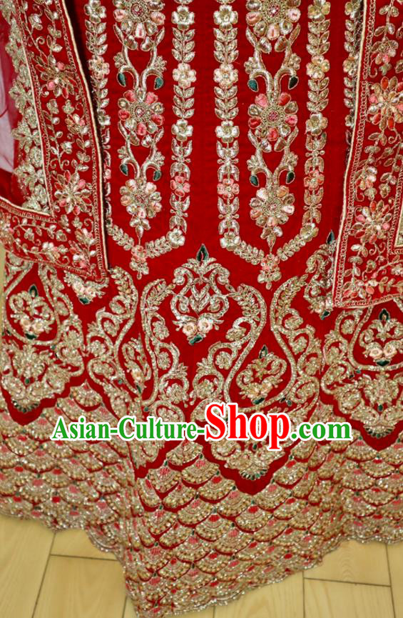 India Traditional Wedding Dress Clothing Indian Bride Lengha Garment Top Embroidered Beads Red Outfit
