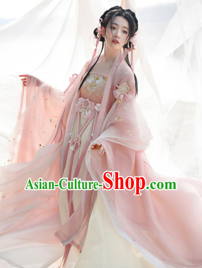 Chinese Traditional Hanfu Hezi Skirt Clothing Ancient Young Beauty Pink Dresses Tang Dynasty Princess Costumes