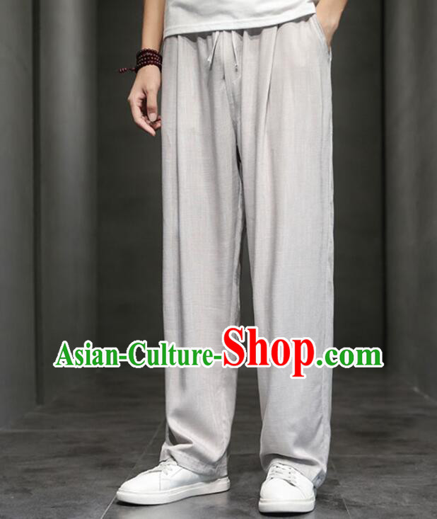 Chinese Top Linen Kung Fu Pants Martial Arts Training Grey Pants Shaolin Wushu Loose Pants Tai Chi Straight Leg Trousers for Men