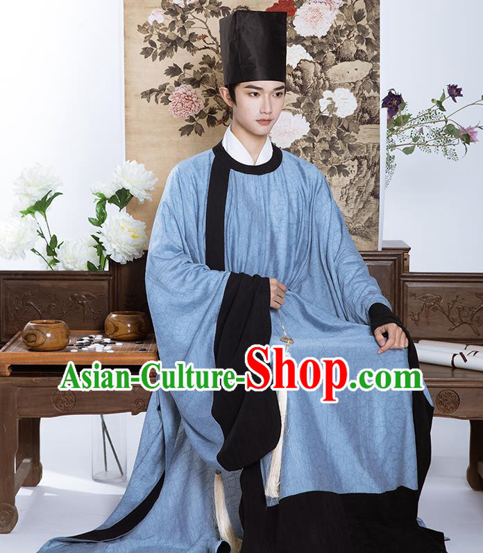 Chinese Traditional Blue Hanfu Robe Ming Dynasty Scholar Garment Costumes Ancient Taoist Clothing