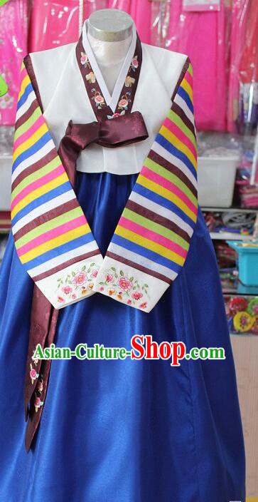 Korea Clothing Traditional Stripes Hanbok Korean Bride Royal Blue Dress Festival Garment Costumes