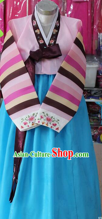 Korea Bride Pink Blouse and Blue Dress Festival Garment Costumes Korean Traditional Clothing Stripes Hanbok