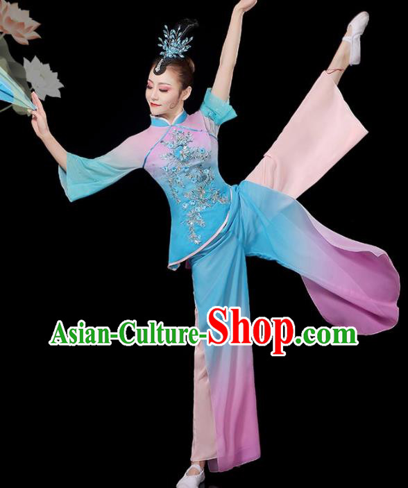 Chinese Folk Dance Garment Women Fan Dance Blue Outfit Yangko Dance Clothing Umbrella Dance Costumes